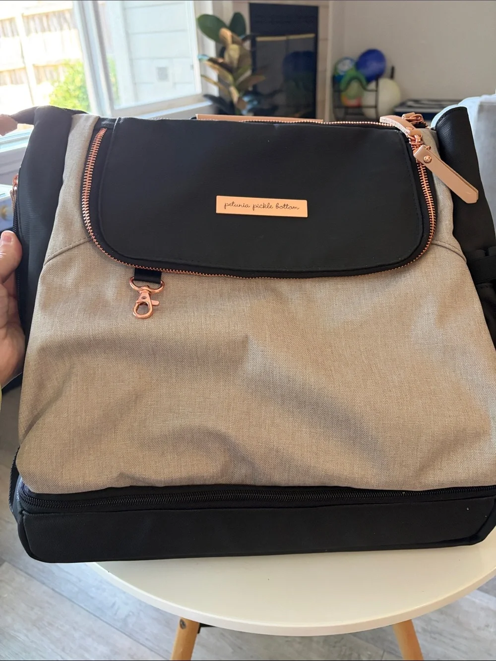 Petunia Pickle Bottom Black & Beige Backpack Bag with Rose Gold Accents